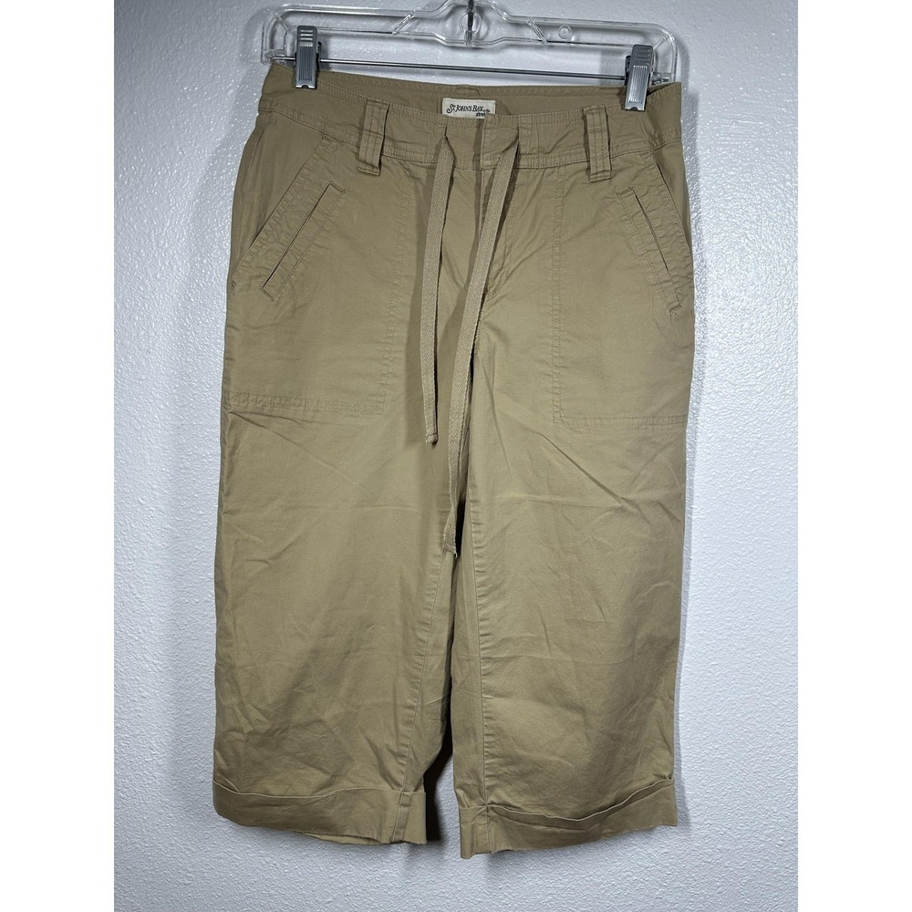 St Johns Bay Capri Pants Womens 4P Khaki Beige Stretch Drawstring Cargo Pockets